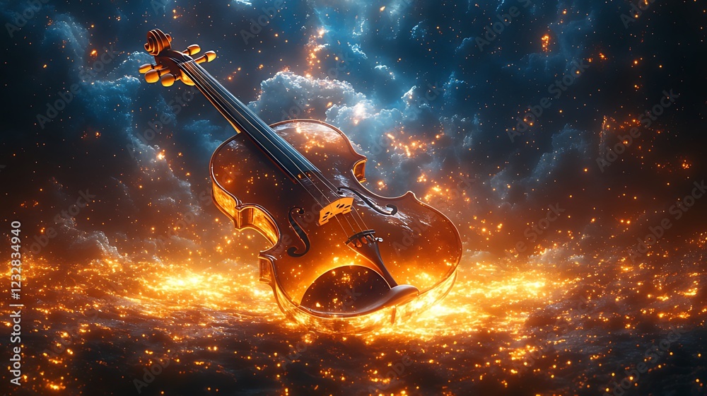 Fototapeta premium Fiery violin rests on glowing embers, dramatic sky