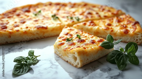 Delicious cheese pizza topped with herbs on a marble surface ready to be served