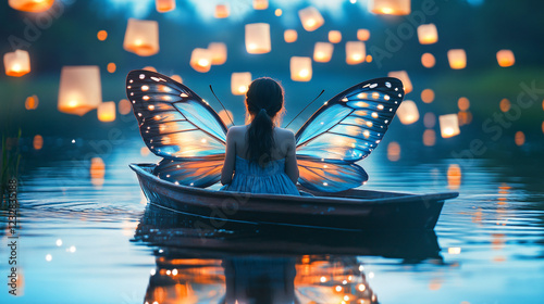 Girl with Butterfly Wings on a Boat at Night photo