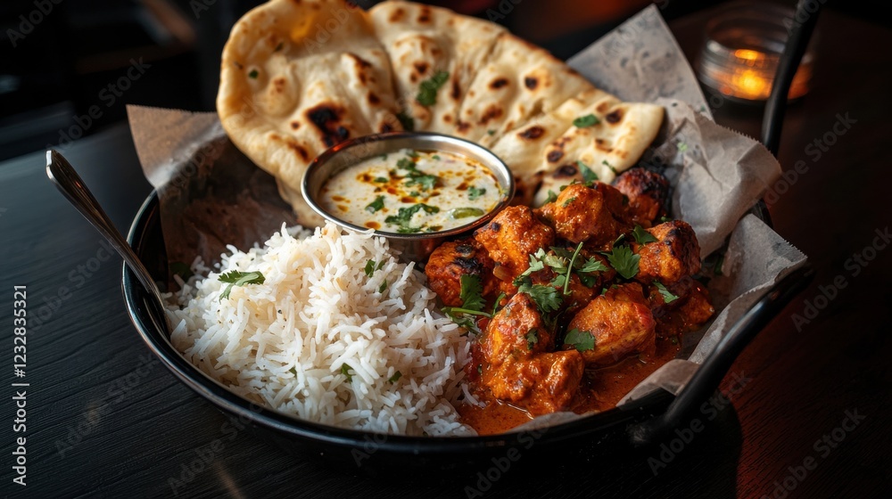 Plate of indian food, specifically chicken tikka masala, served with rice and naan bread. the plate is black and is placed on a wooden table with a candle in the background. Plate of indian food, specifically chicken tikka masala, served with rice and naan bread. the plate is black and is placed on a wooden table with a candle in the background.