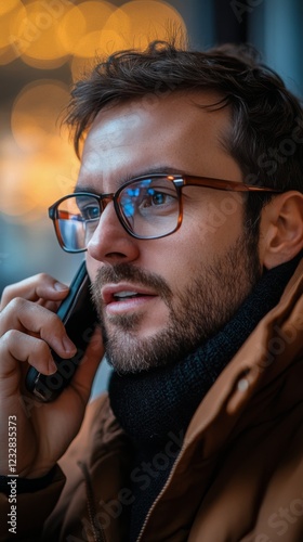 Man in glasses talks on smartphone while wearing headphones in modern cafe se...