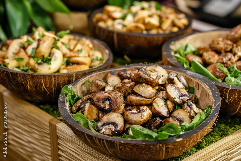 Eco-inspired arrangement featuring crispy mushroom snacks in sustainable packaging. The natural hues and earthy presentation reflect a commitment to health and the environment. Eco-inspired arrangement featuring crispy mushroom snacks in sustainable packaging. The natural hues and earthy presentation reflect a commitment to health and the environment.