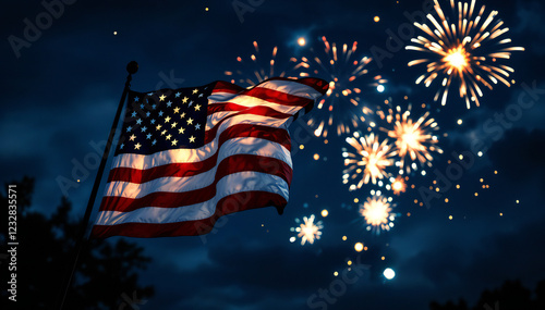 An American flag waves proudly against a backdrop of dazzling fireworks exploding in the night sky, symbolizing national pride and celebration. photo