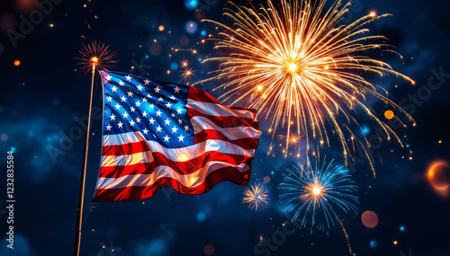 American flag waving in the foreground with vibrant fireworks exploding in the background against a dark blue sky.