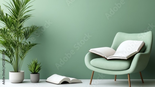 Soft sunlight illuminates an open book and a potted plant in a serene indoor ...