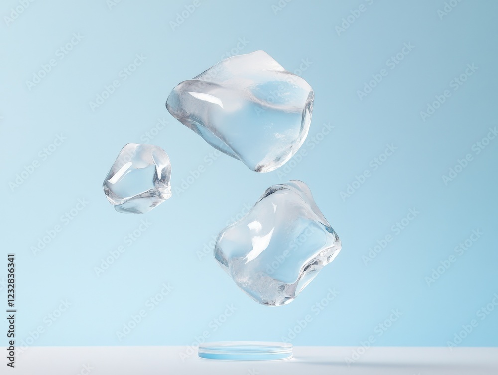ice cubes floating in the air above a round platform on a light blue background ice cubes floating in the air above a round platform on a light blue background