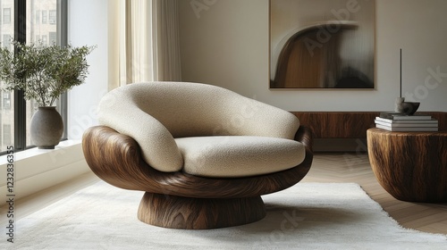 Unique wood and fur lounge chair in a modern minimalist living room with larg...