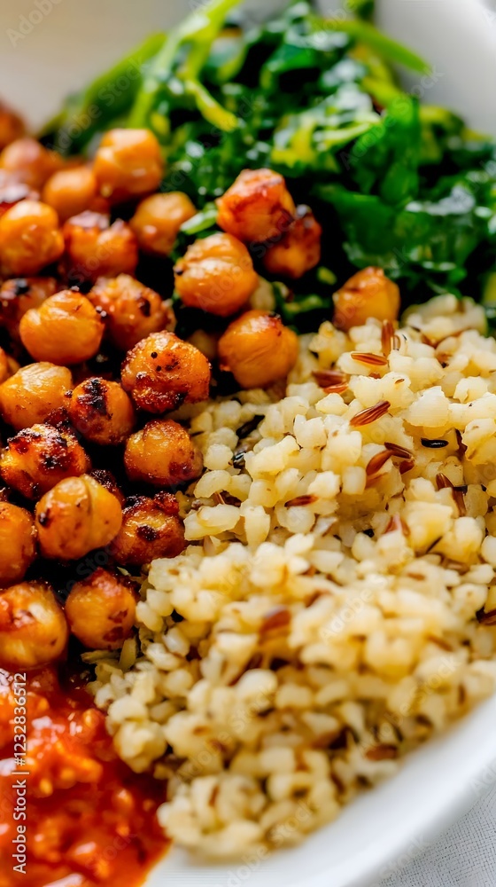 Chickpea and Rice Bowl: A close-up of a colorful and flavorful chickpea and rice bowl. The bowl is filled with roasted chickpeas, rice, spinach, and a vibrant red sauce. Chickpea and Rice Bowl: A close-up of a colorful and flavorful chickpea and rice bowl. The bowl is filled with roasted chickpeas, rice, spinach, and a vibrant red sauce.