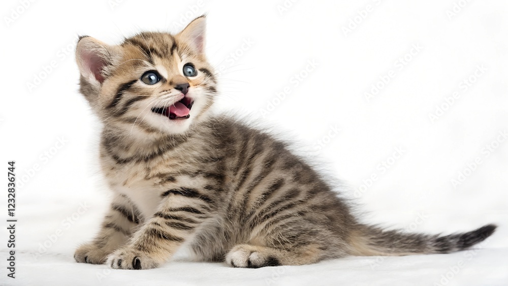 Obraz premium Adorable tabby kitten on white background, symbolizing feline grace and companionship. Ideal for pet adoption websites and veterinary clinics.