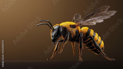 Honeybee in Flight with Intricate Wings Displaying Beauty - A stunning close-up of a honeybee showcasing vibrant colors and intricate wing patterns symbolizing nature, pollination, biodiversity