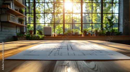 Blueprint on wooden table with warm sunlight illuminating a creative workspace