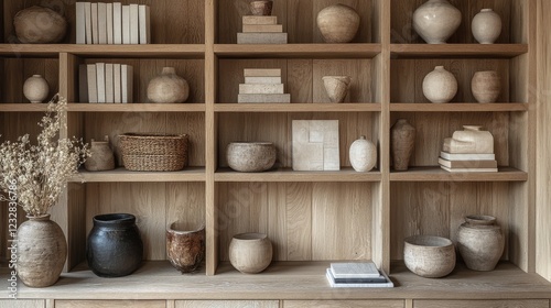 Unique pottery collection displayed on wooden shelves in a minimalist studio ...