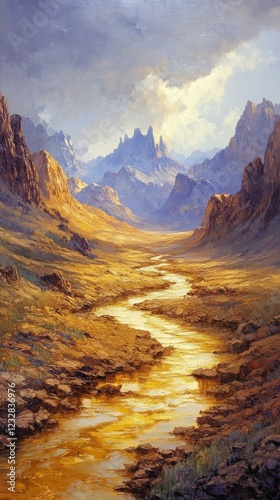 Beautiful river winding through sandy landscape under a dramatic sky with vib...