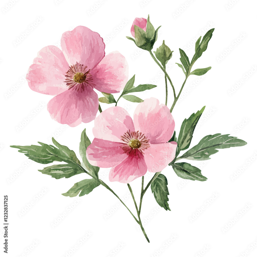 Obraz premium Watercolor Pink Flowers with Green Leaves