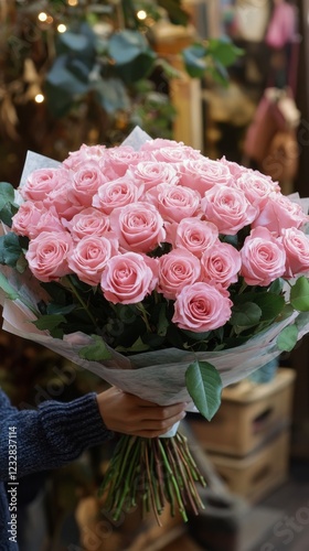 Large bouquet of pink roses held by a person in an urban setting with soft li...