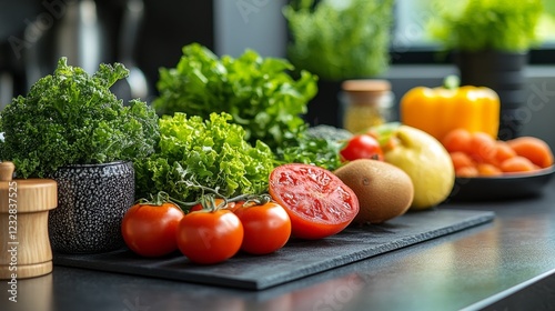 Fresh fruits and vegetables on a kitchen countertop ready for preparation