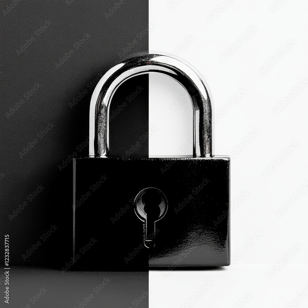 Naklejka premium Modern padlock on black and white background - A sleek padlock resting on a split black and white background symbolizing security and protection.