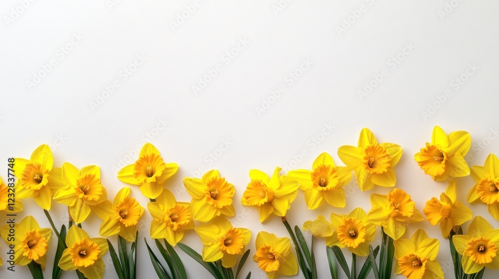 Obraz premium Bright yellow daffodils blooming against a clean white background, symbolizing spring.