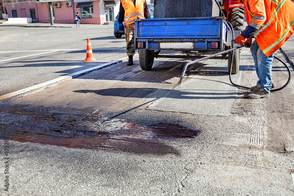 Workers repairing pavement on a sunny day in an urban street environment