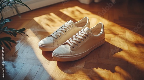 Stylish white sneakers on wooden floor with natural sunlight illuminating the...