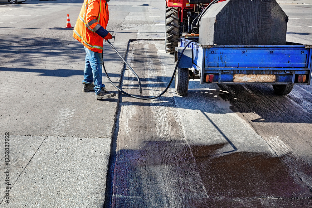 Road worker applying sealant on freshly paved street at mid-morning in an urban area