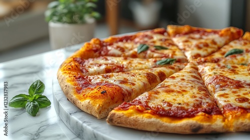 Delicious cheese pizza topped with herbs on a marble surface ready to be served