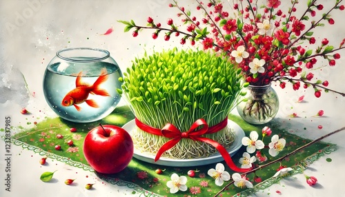 nowruz haft sin nouruz norooz Persian Iranian new year greeting card, sabzeh sprouts red ribbon, apple, fishbowl goldfish, watercolor isolated on white background