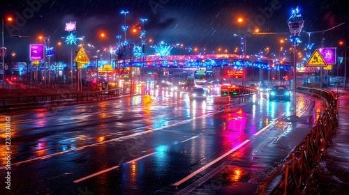 Rainy night city traffic, bridge lights, blurred background photo