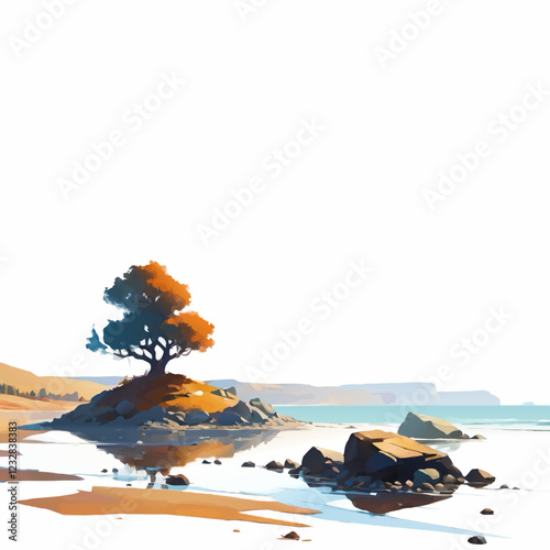 desert landscape with lake and tree decorative element with white upper area