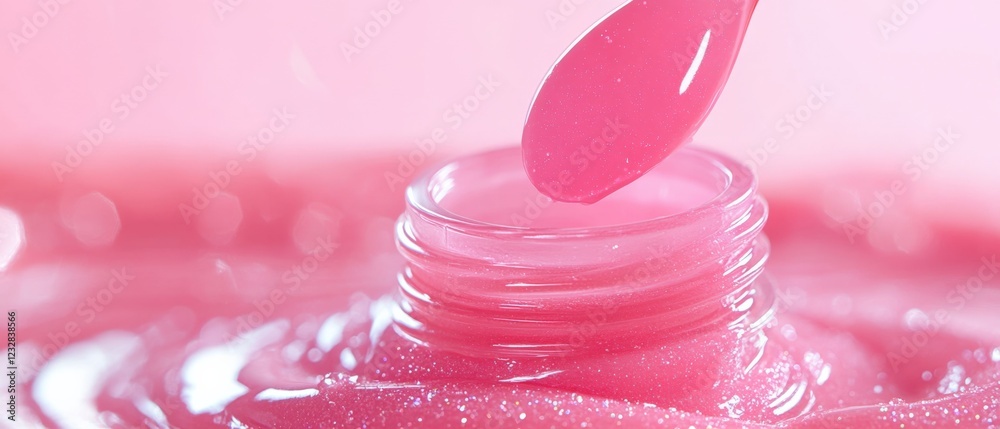 pink shimmering lip gloss or body scrub in a jar with a spatula pink shimmering lip gloss or body scrub in a jar with a spatula