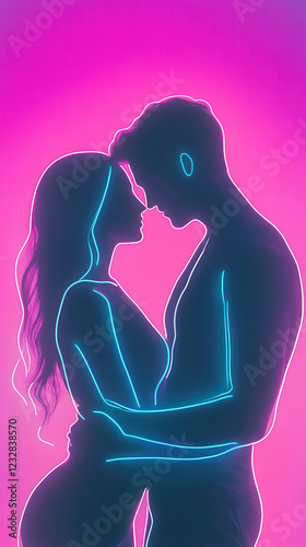 Silhouette of a couple in love, outlined with glowing neon light