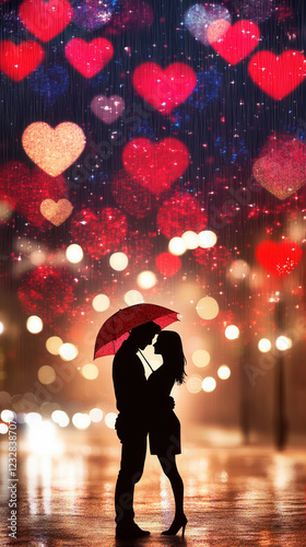 Silhouette of a couple standing under neon street lights, soft raindrops reflecting pink and blue hues