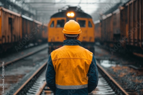 Worker in safety gear observes approaching train at rail yard during overcast...