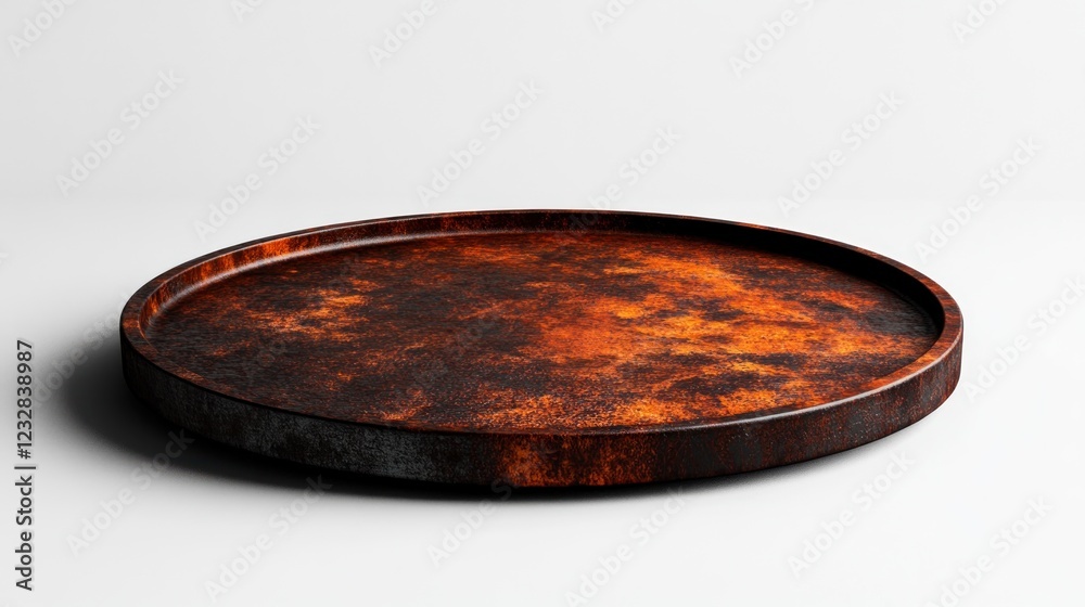 Rustic round tray with a worn texture, perfect for serving delicious dishes. Rustic round tray with a worn texture, perfect for serving delicious dishes.
