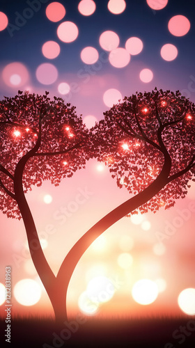 Silhouettes of two intertwined trees forming a heart shape