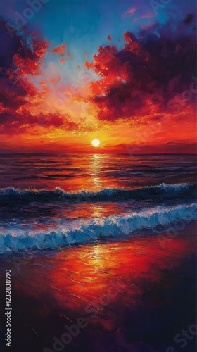 Vibrant sunset over the ocean with crashing waves and colorful clouds at twil...