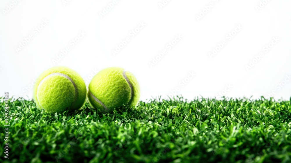 Naklejka premium Two vibrant tennis balls resting on a lush green grass surface.