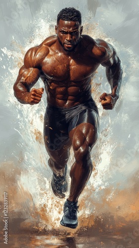 Strong male runner in urban setting during dusk with soft lighting and blurre...