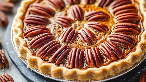 Sweet pecan pie flaky crust and rich caramelized filling