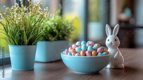 Colorful candy-filled bowl with decorative bunny and plant on wooden table in...