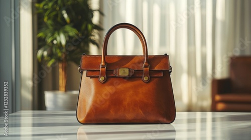 Stylish brown leather handbag placed on a table in a bright, cozy indoor setting