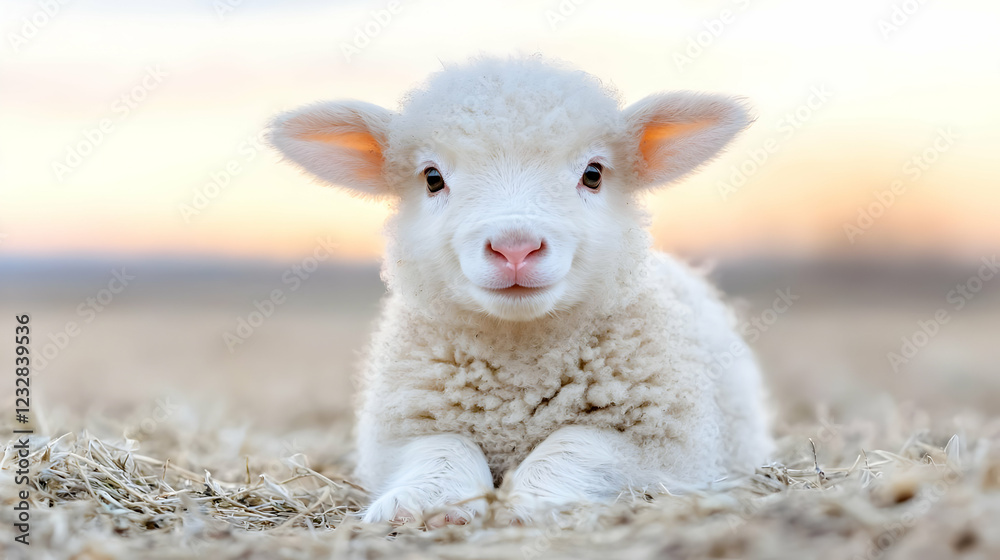 Fototapeta premium Cute fluffy white lamb lying on dry grass in a pasture during golden hour.