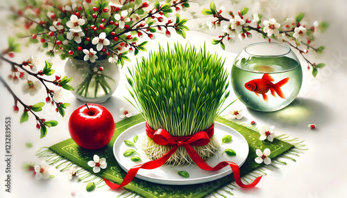 nowruz haft sin nouruz norooz Persian Iranian new year greeting card, sabzeh sprouts red ribbon, apple, fishbowl goldfish, watercolor isolated on white background
