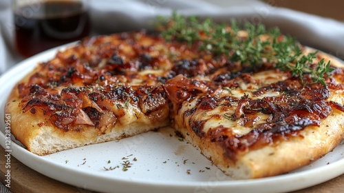 Delicious pepperoni pizza topped with fresh herbs served on a rustic wooden t...