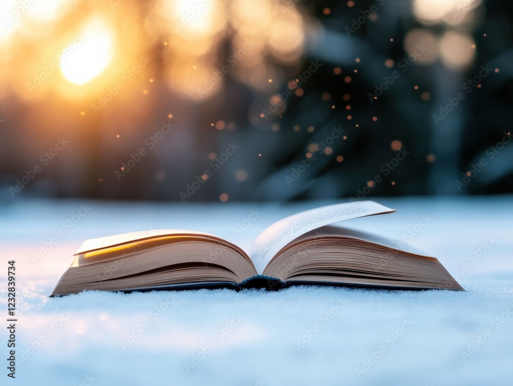 open book in winter snow at sunset open book in winter snow at sunset