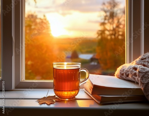 tasse de thé transparente posée devant une fenêtre ouverte durant une belle journée d'automne avec un peu de lecture en ia photo