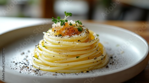 Creamy pasta dish topped with crispy bacon and grated cheese on a white plate