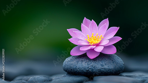 Pink lotus flower on stones, serene garden background, tranquility, meditation