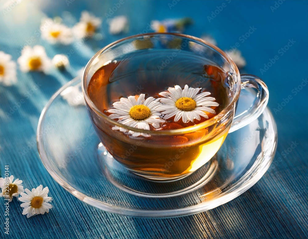 tasse en verre d'infusion de fleurs bio en ia, moment de détente romantique et fleuri tasse en verre d'infusion de fleurs bio en ia, moment de détente romantique et fleuri