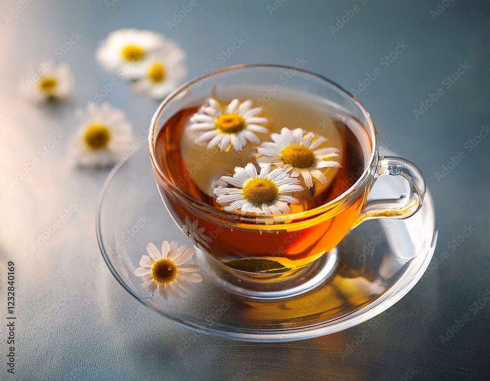 tasse en verre d'infusion de fleurs bio en ia, moment de détente romantique et fleuri tasse en verre d'infusion de fleurs bio en ia, moment de détente romantique et fleuri